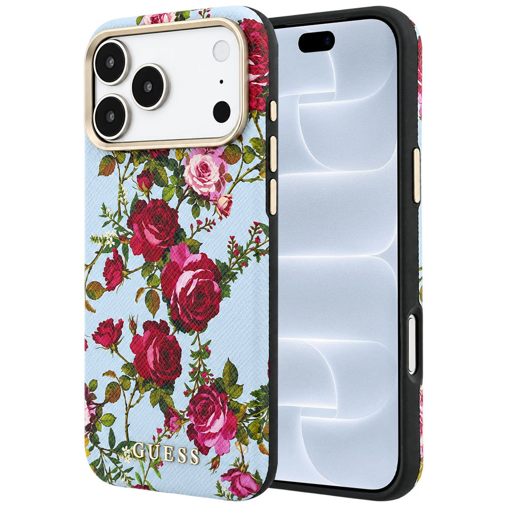 MagSafe-Hülle für Apple iPhone 18 Pro / 17 Pro, Guess, Blossom Roses Print, Bleu