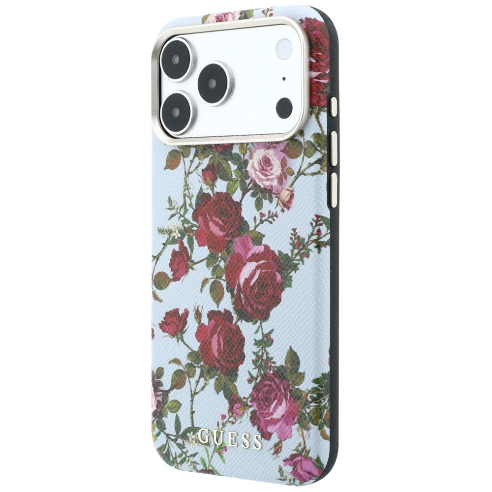 MagSafe-Hülle für Apple iPhone 18 Pro / 17 Pro, Guess, Blossom Roses Print, Bleu