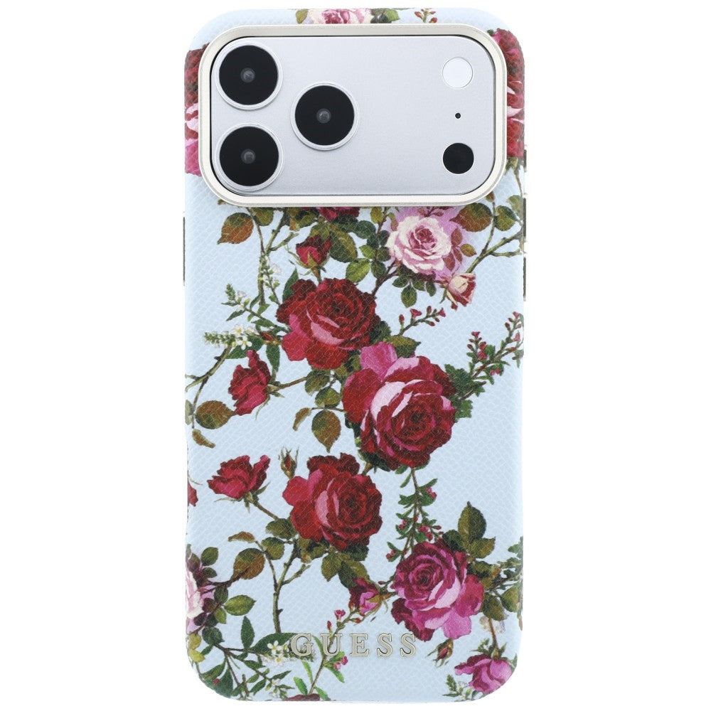 MagSafe-Hülle für Apple iPhone 18 Pro / 17 Pro, Guess, Blossom Roses Print, Bleu