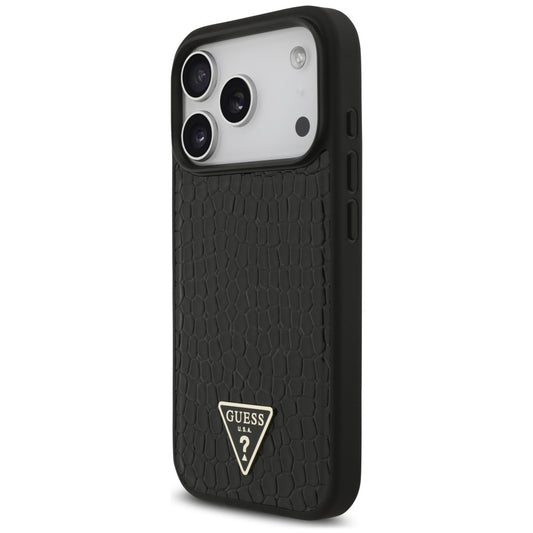 MagSafe-Hülle für Apple iPhone 18 Pro / 17 Pro, Guess, Croco Triangle Logo, Schwarz