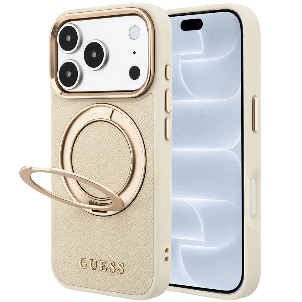 MagSafe-Hülle für Apple iPhone 18 Pro / 17 Pro, Guess, Grained Ring Stand 360 Classic, Beige