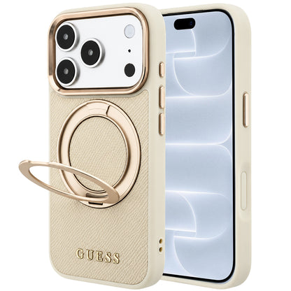 MagSafe-Hülle für Apple iPhone 18 Pro / 17 Pro, Guess, Grained Ring Stand 360 Classic, Beige