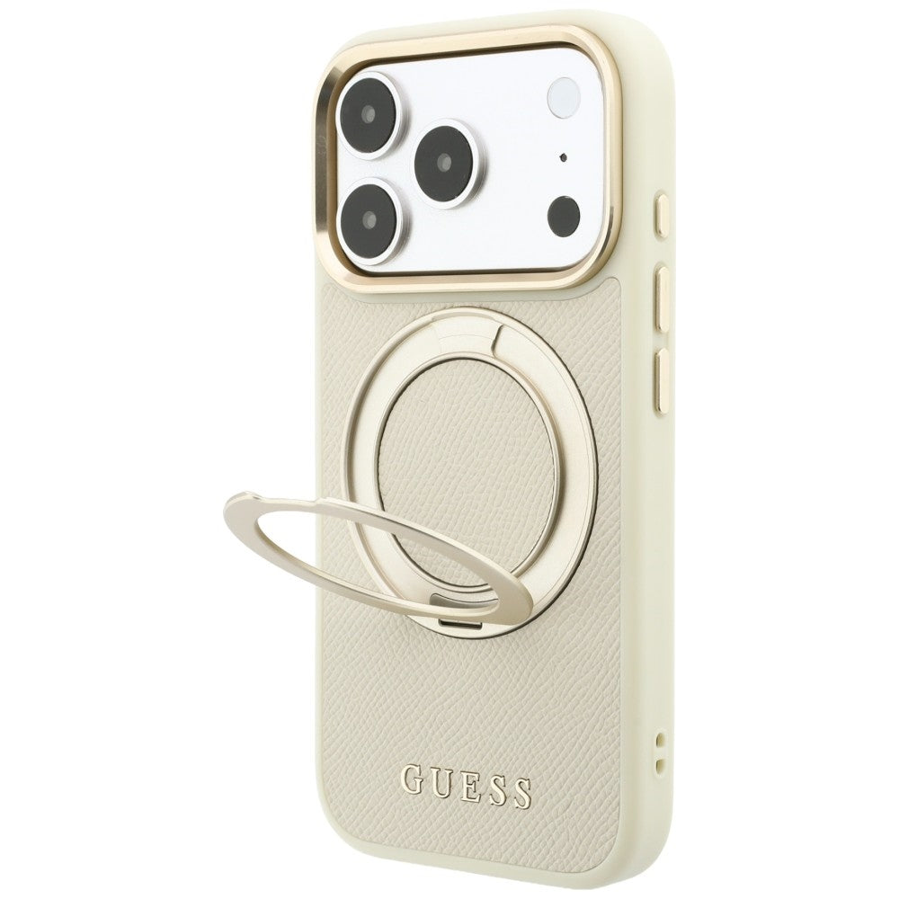 MagSafe-Hülle für Apple iPhone 18 Pro / 17 Pro, Guess, Grained Ring Stand 360 Classic, Beige