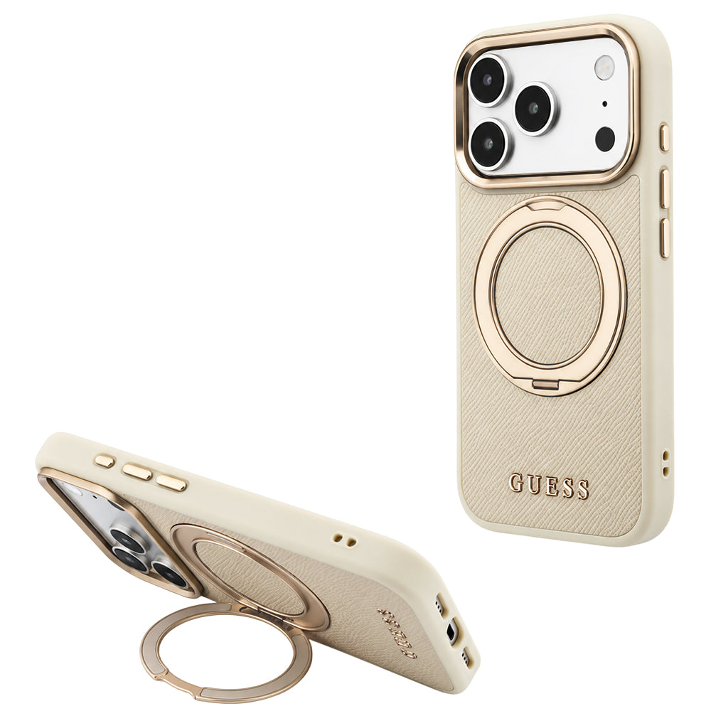 MagSafe-Hülle für Apple iPhone 18 Pro / 17 Pro, Guess, Grained Ring Stand 360 Classic, Beige