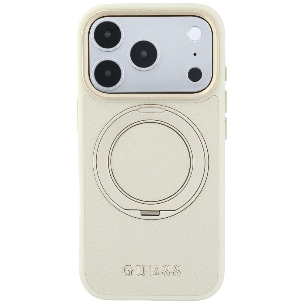 MagSafe-Hülle für Apple iPhone 18 Pro / 17 Pro, Guess, Grained Ring Stand 360 Classic, Beige