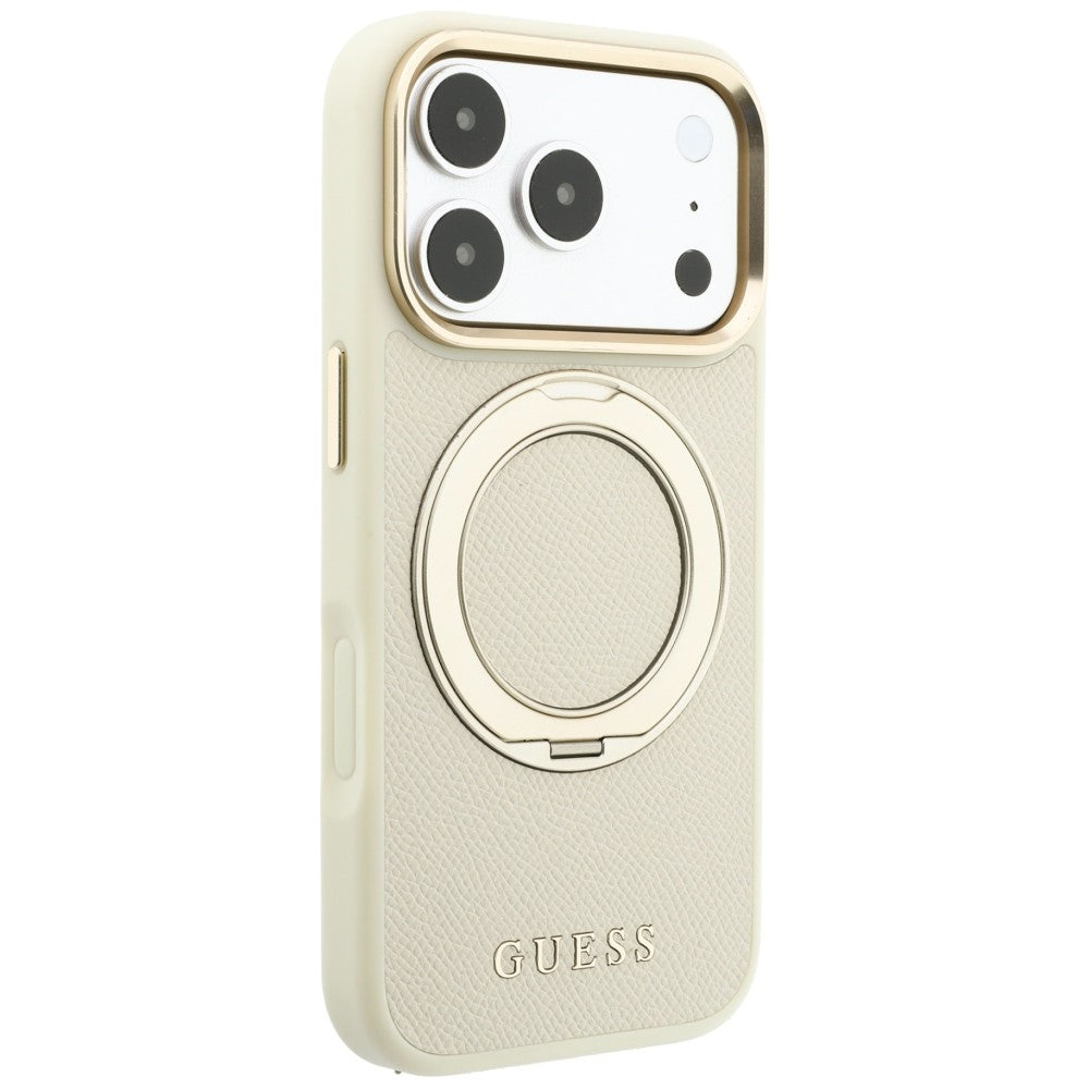 MagSafe-Hülle für Apple iPhone 18 Pro / 17 Pro, Guess, Grained Ring Stand 360 Classic, Beige