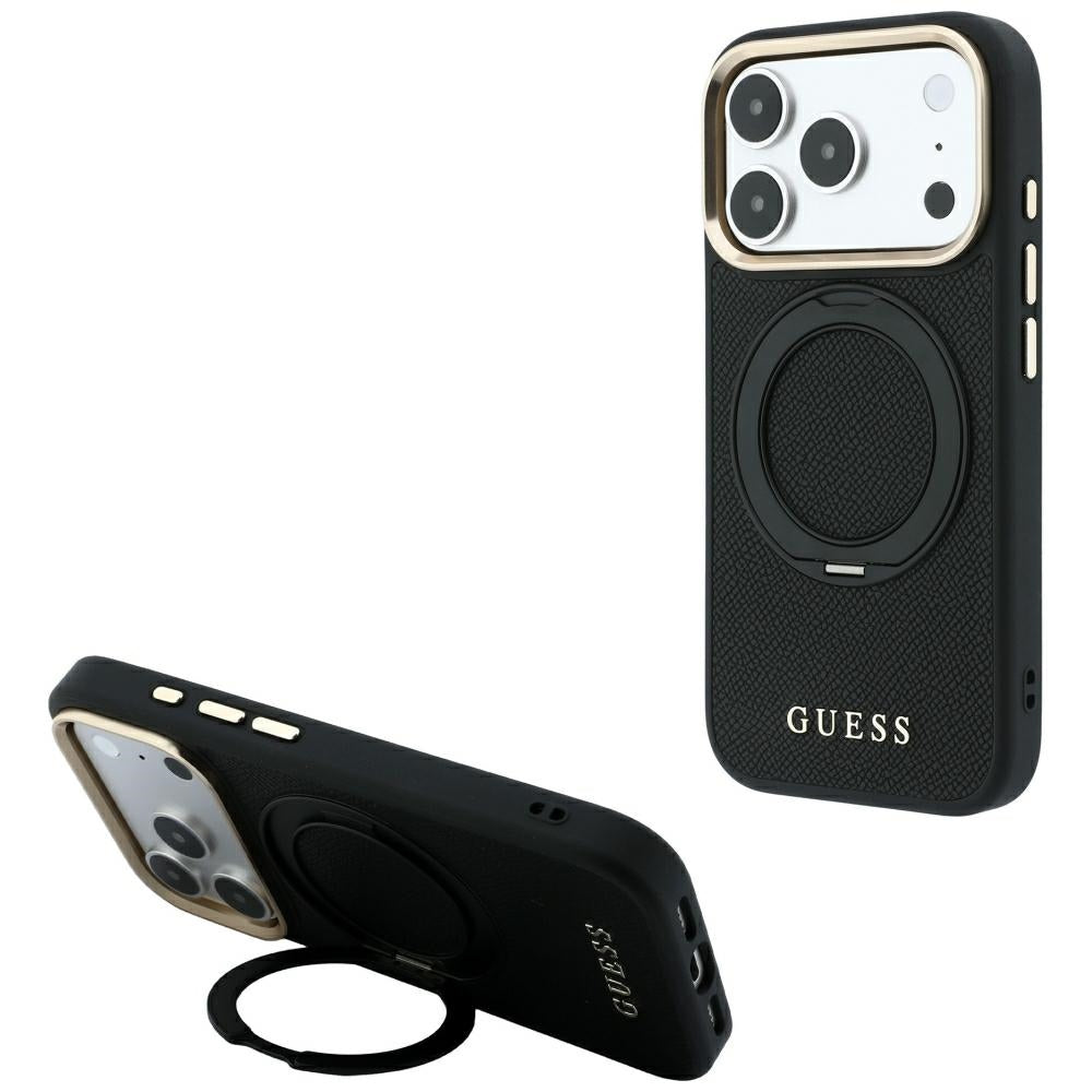 MagSafe-Hülle für Apple iPhone 18 Pro / 17 Pro, Guess, Grained Ring Stand 360 Classic, Schwarz