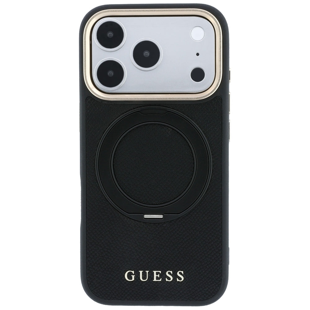 MagSafe-Hülle für Apple iPhone 18 Pro / 17 Pro, Guess, Grained Ring Stand 360 Classic, Schwarz