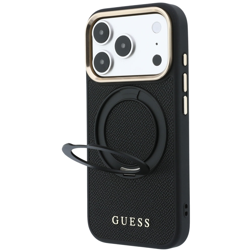 MagSafe-Hülle für Apple iPhone 18 Pro / 17 Pro, Guess, Grained Ring Stand 360 Classic, Schwarz