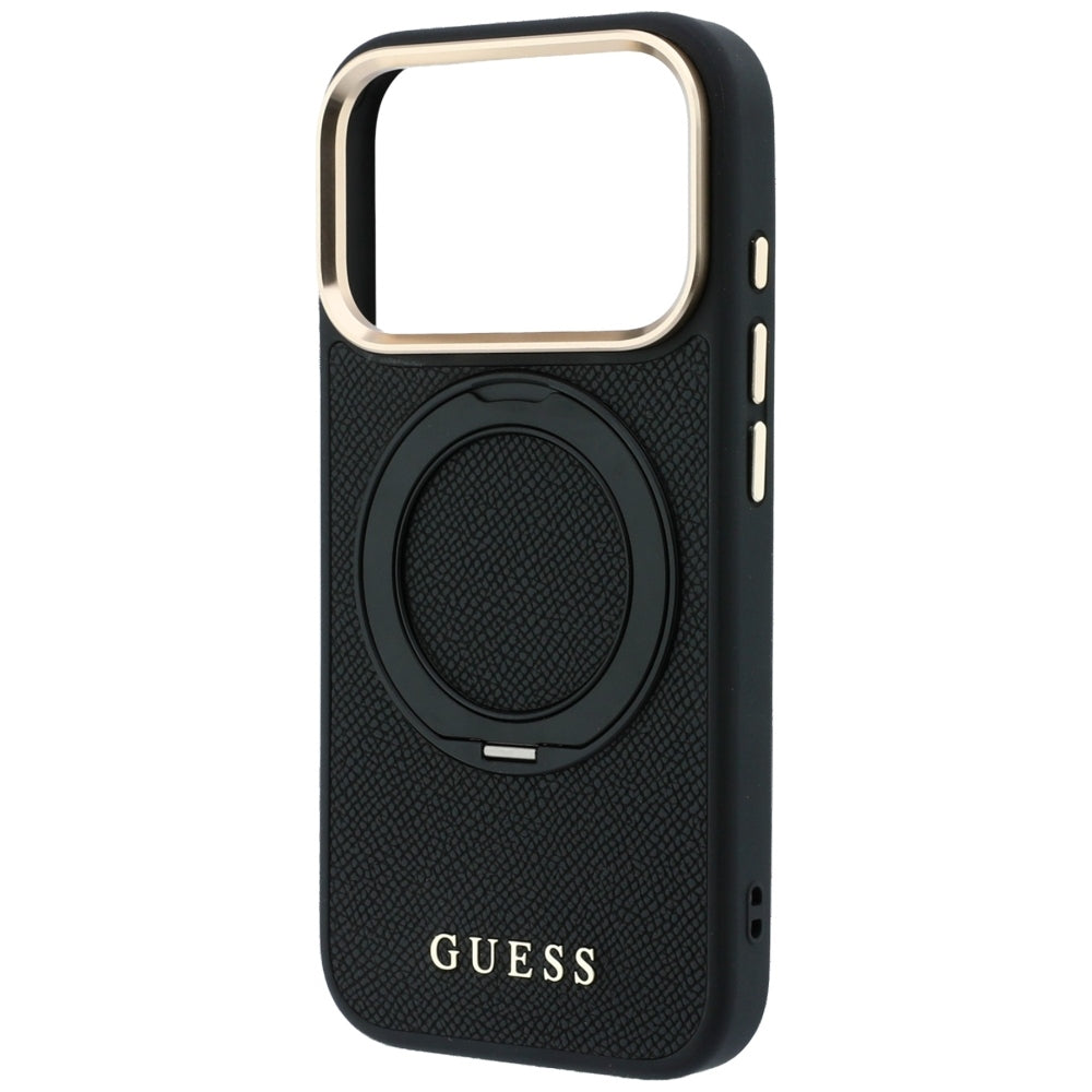MagSafe-Hülle für Apple iPhone 18 Pro / 17 Pro, Guess, Grained Ring Stand 360 Classic, Schwarz