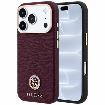 MagSafe-Hülle für Apple iPhone 18 Pro / 17 Pro, Guess, genarbtes rundes Strass-Logo, Weinrot