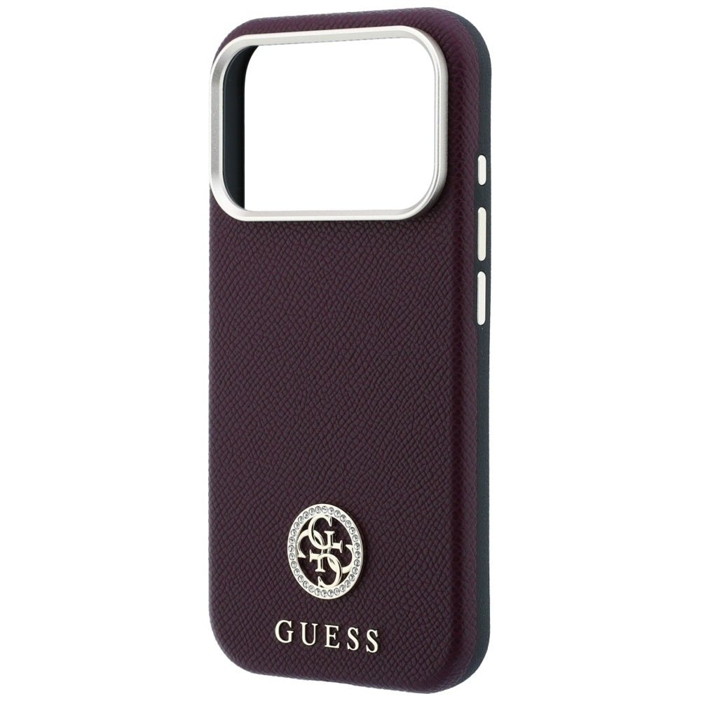 MagSafe-Hülle für Apple iPhone 18 Pro / 17 Pro, Guess, genarbtes rundes Strass-Logo, Weinrot