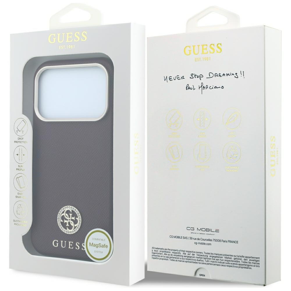 MagSafe-Hülle für Apple iPhone 18 Pro / 17 Pro, Guess, genarbtes rundes Strass-Logo, Weinrot