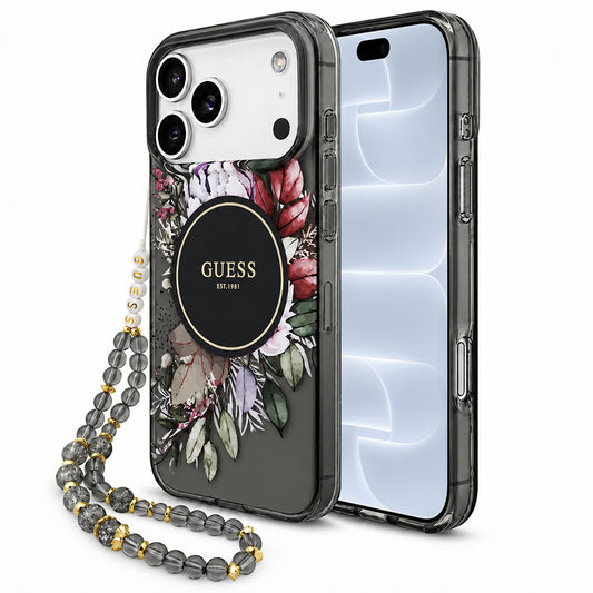 MagSafe-Hülle für Apple iPhone 18 Pro / 17 Pro, Guess, IML Flowers with Pearl Strap, Schwarz