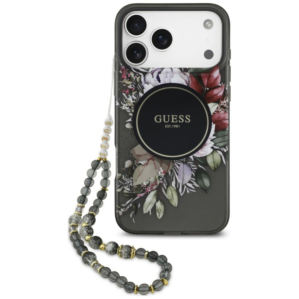 MagSafe-Hülle für Apple iPhone 18 Pro / 17 Pro, Guess, IML Flowers with Pearl Strap, Schwarz
