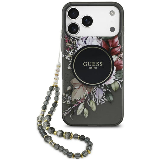 MagSafe-Hülle für Apple iPhone 18 Pro / 17 Pro, Guess, IML Flowers with Pearl Strap, Schwarz