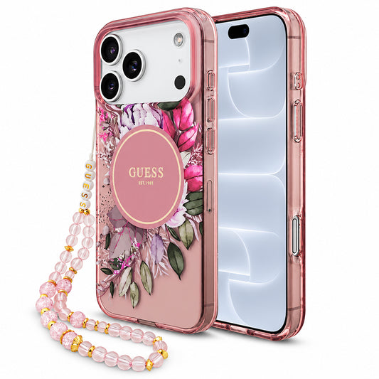 MagSafe-Hülle für Apple iPhone 18 Pro / 17 Pro, Guess, IML Flowers with Pearl Strap, Rosa