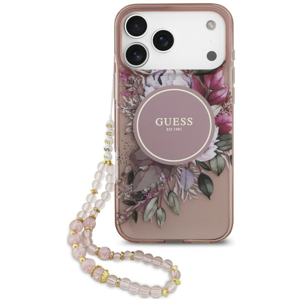 MagSafe-Hülle für Apple iPhone 18 Pro / 17 Pro, Guess, IML Flowers with Pearl Strap, Rosa