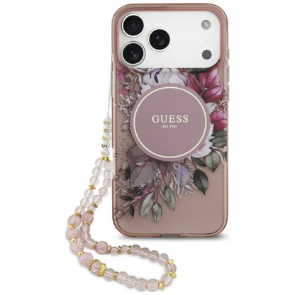 MagSafe-Hülle für Apple iPhone 18 Pro / 17 Pro, Guess, IML Flowers with Pearl Strap, Rosa