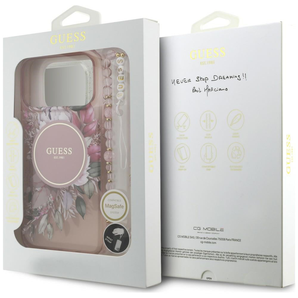 MagSafe-Hülle für Apple iPhone 18 Pro / 17 Pro, Guess, IML Flowers with Pearl Strap, Rosa