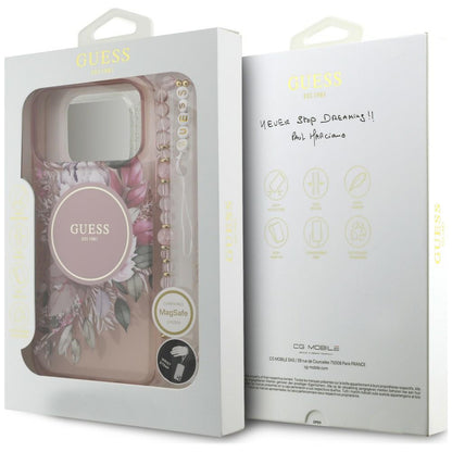 MagSafe-Hülle für Apple iPhone 18 Pro / 17 Pro, Guess, IML Flowers with Pearl Strap, Rosa
