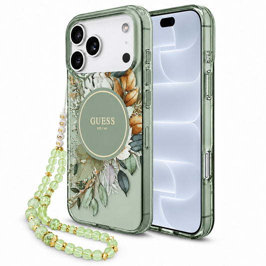 MagSafe-Hülle für Apple iPhone 18 Pro / 17 Pro, Guess, IML Flowers with Pearl Strap, Grün