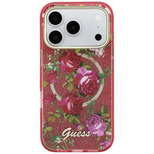 MagSafe-Hülle für Apple iPhone 18 Pro / 17 Pro, Guess, IML Glitter Blossom Roses, Weinrot
