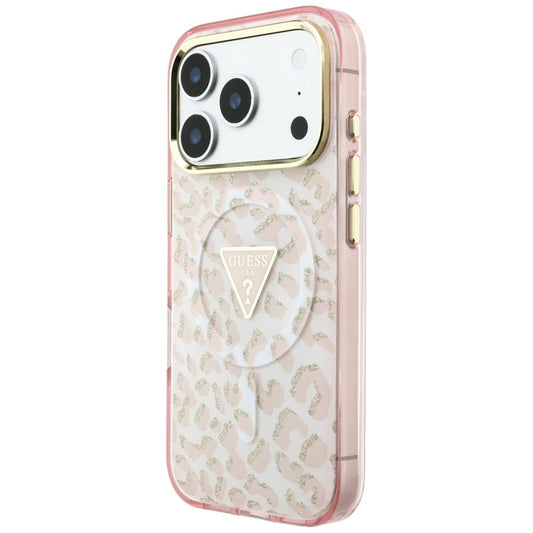 MagSafe-Hülle für Apple iPhone 18 Pro / 17 Pro, Guess, Leopard Glitter Dreieck Logo, Rosa