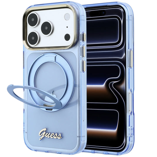 MagSafe-Hülle für Apple iPhone 18 Pro / 17 Pro, Guess, Ring Stand Script Metall-Logo, Blau