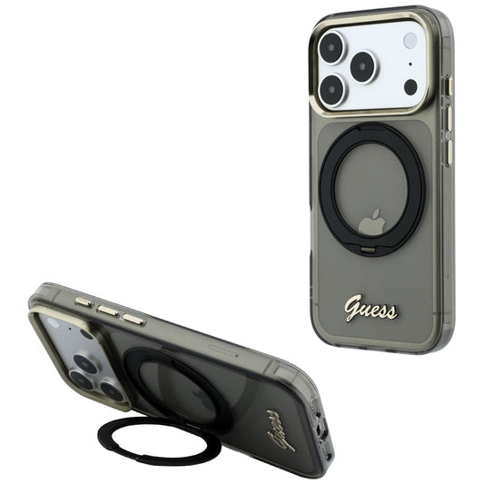 MagSafe-Hülle für Apple iPhone 18 Pro / 17 Pro, Guess, Ring Stand Script Metall-Logo, Schwarz
