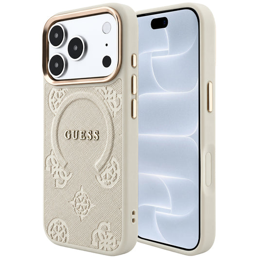 MagSafe-Hülle für Apple iPhone 18 Pro / 17 Pro, Guess, Saffiano Peony Ring, Beige