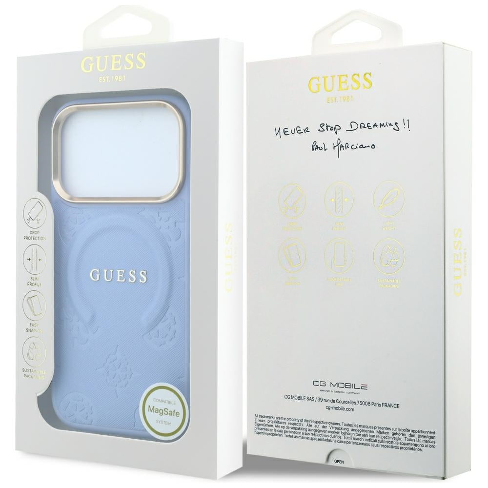 MagSafe-Hülle für Apple iPhone 18 Pro / 17 Pro, Guess, Saffiano Peony Ring, Blau