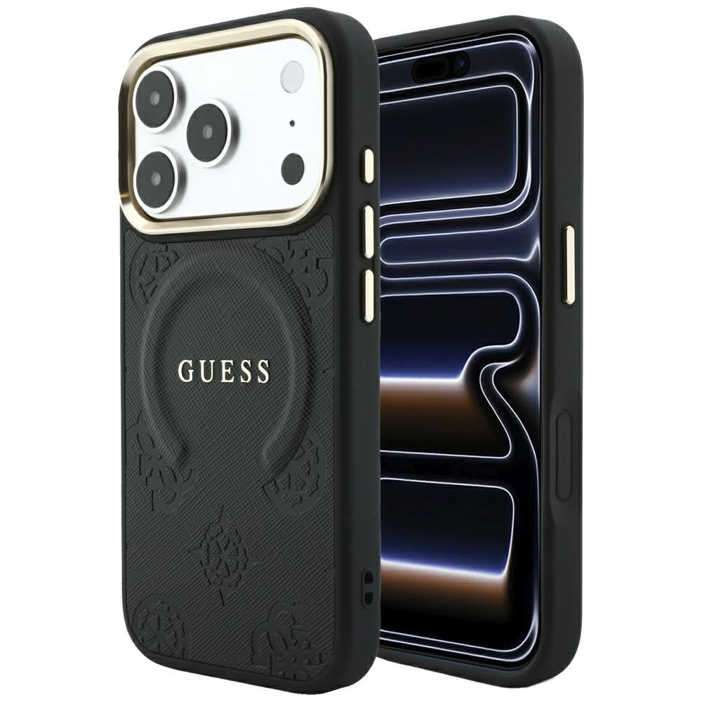 MagSafe-Hülle für Apple iPhone 18 Pro / 17 Pro, Guess, Saffiano Peony Ring, Schwarz