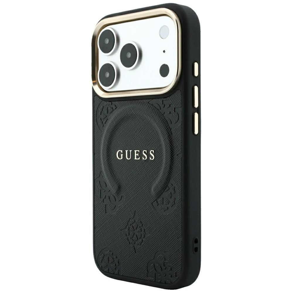 MagSafe-Hülle für Apple iPhone 18 Pro / 17 Pro, Guess, Saffiano Peony Ring, Schwarz