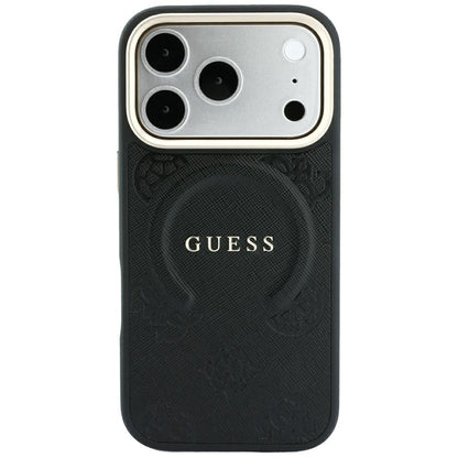 MagSafe-Hülle für Apple iPhone 18 Pro / 17 Pro, Guess, Saffiano Peony Ring, Schwarz