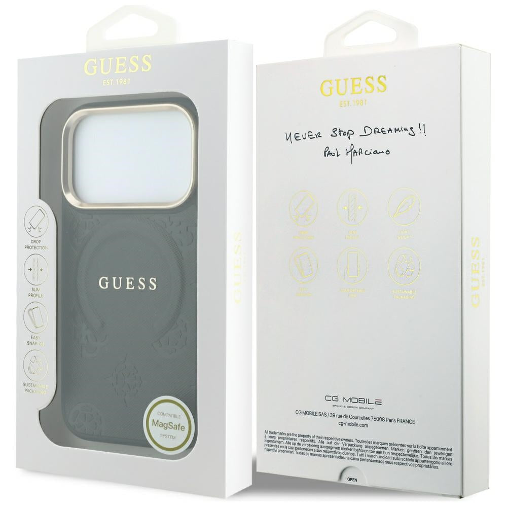 MagSafe-Hülle für Apple iPhone 18 Pro / 17 Pro, Guess, Saffiano Peony Ring, Schwarz
