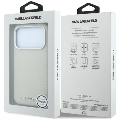 MagSafe-Hülle für Apple iPhone 18 Pro / 17 Pro, Karl Lagerfeld, genarbtes längliches Logo, Beige