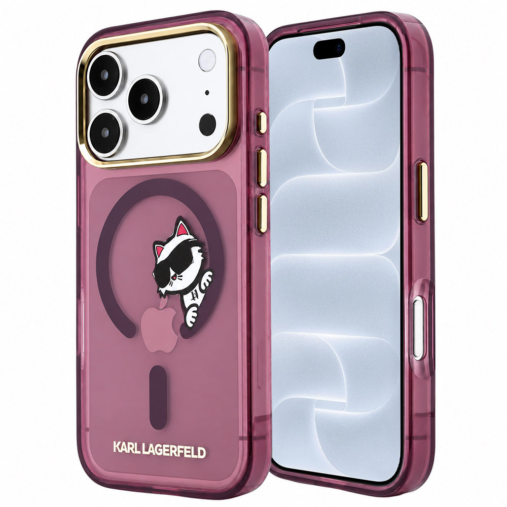MagSafe-Hülle für Apple iPhone 18 Pro / 17 Pro, Karl Lagerfeld, IML Peekaboo Print and Metal Frame, Burgunderrot