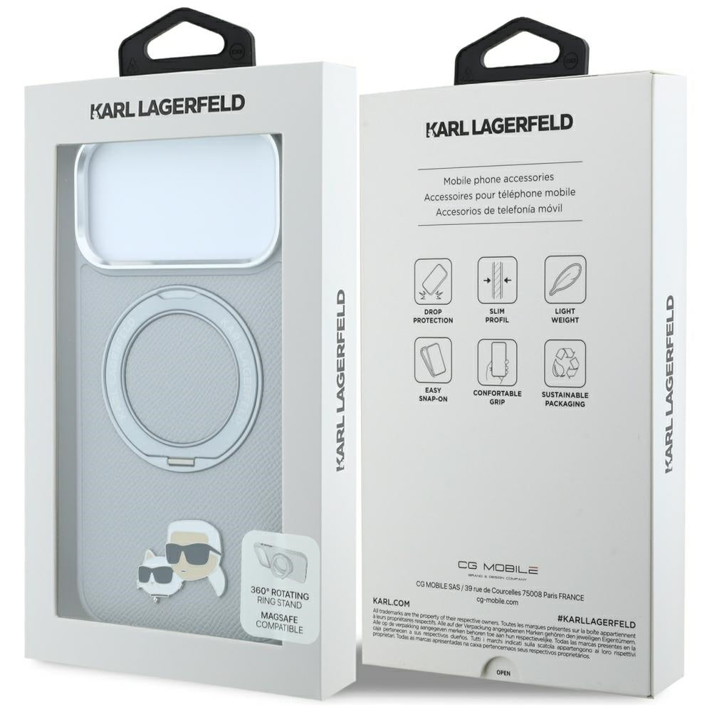 MagSafe-Hülle für Apple iPhone 18 Pro / 17 Pro, Karl Lagerfeld, Ring Stand 360 Karl & Choupette Pin, Grau