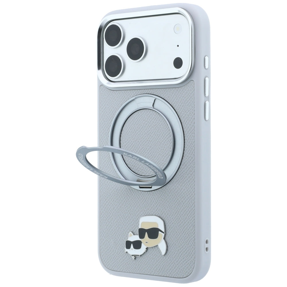 MagSafe-Hülle für Apple iPhone 18 Pro / 17 Pro, Karl Lagerfeld, Ring Stand 360 Karl & Choupette Pin, Grau
