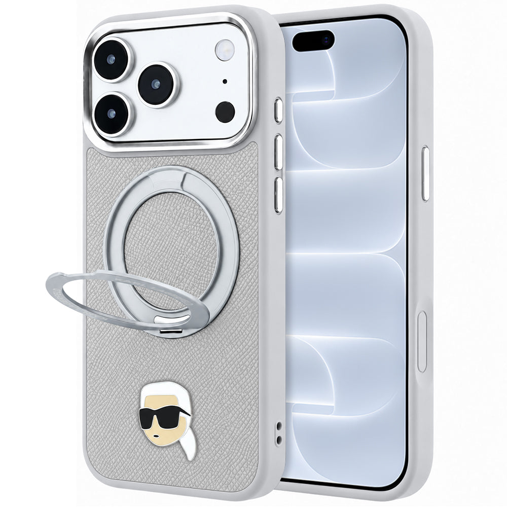 MagSafe-Hülle für Apple iPhone 18 Pro / 17 Pro, Karl Lagerfeld, Ring Stand 360 Karl Pin, Grau