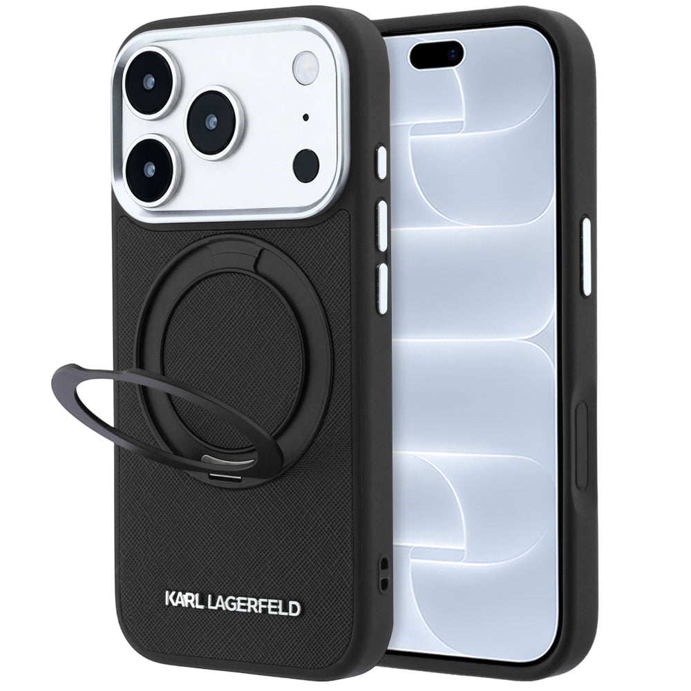 MagSafe-Hülle für Apple iPhone 18 Pro / 17 Pro, Karl Lagerfeld, Ring Stand 360 Saffiano, Schwarz
