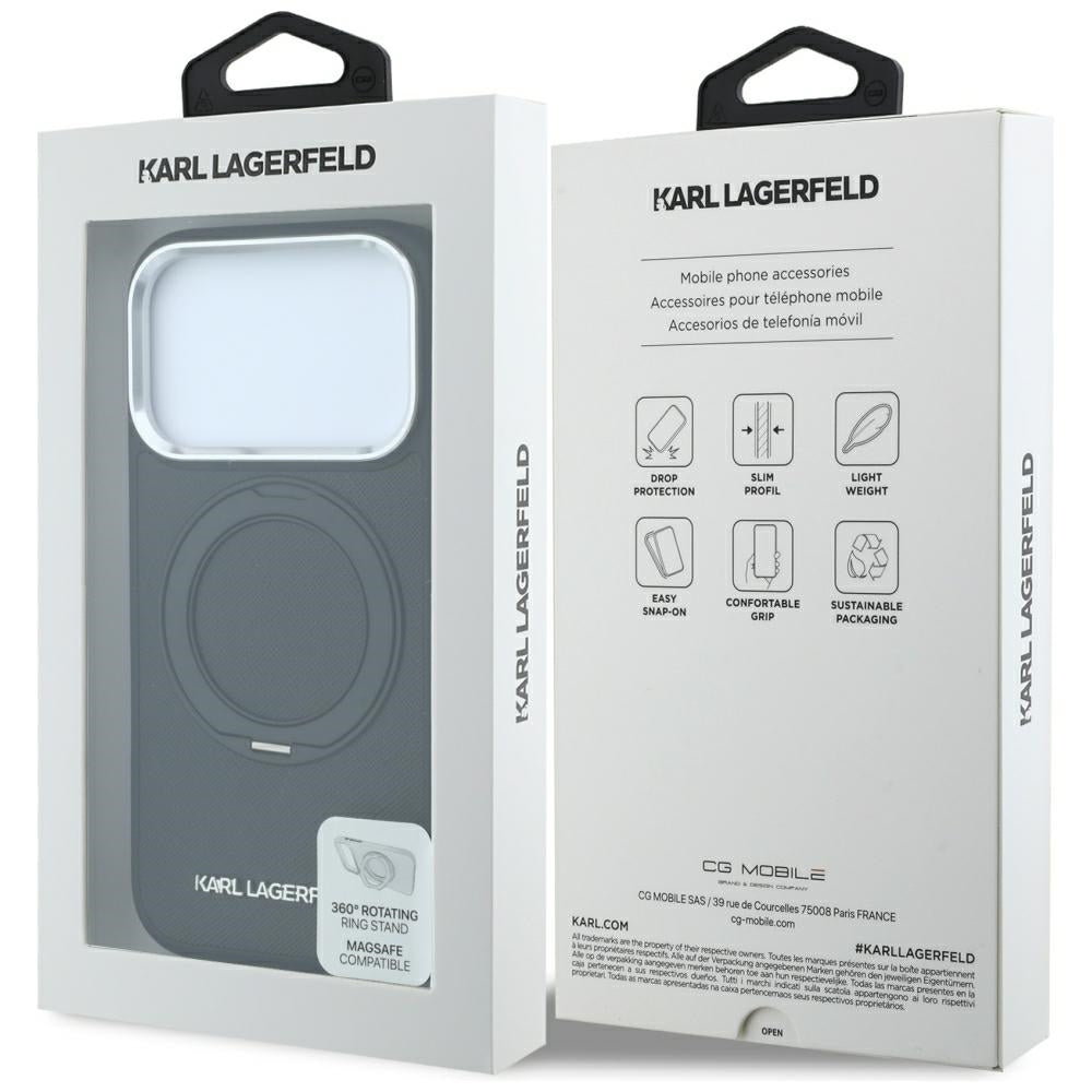 MagSafe-Hülle für Apple iPhone 18 Pro / 17 Pro, Karl Lagerfeld, Ring Stand 360 Saffiano, Schwarz
