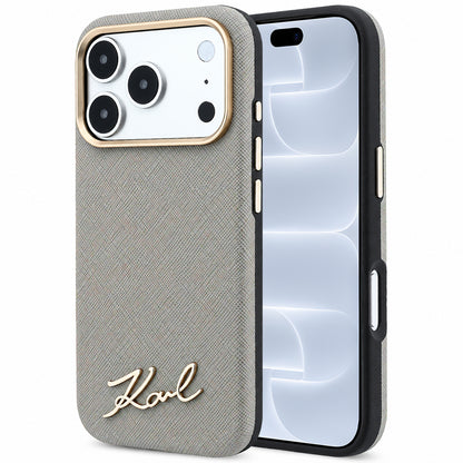 MagSafe-Hülle für Apple iPhone 18 Pro / 17 Pro, Karl Lagerfeld, Saffiano Small Script Metall-Logo, Grau Beige