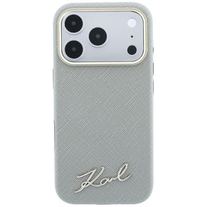 MagSafe-Hülle für Apple iPhone 18 Pro / 17 Pro, Karl Lagerfeld, Saffiano Small Script Metall-Logo, Grau Beige