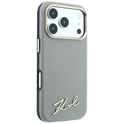 MagSafe-Hülle für Apple iPhone 18 Pro / 17 Pro, Karl Lagerfeld, Saffiano Small Script Metall-Logo, Grau Beige