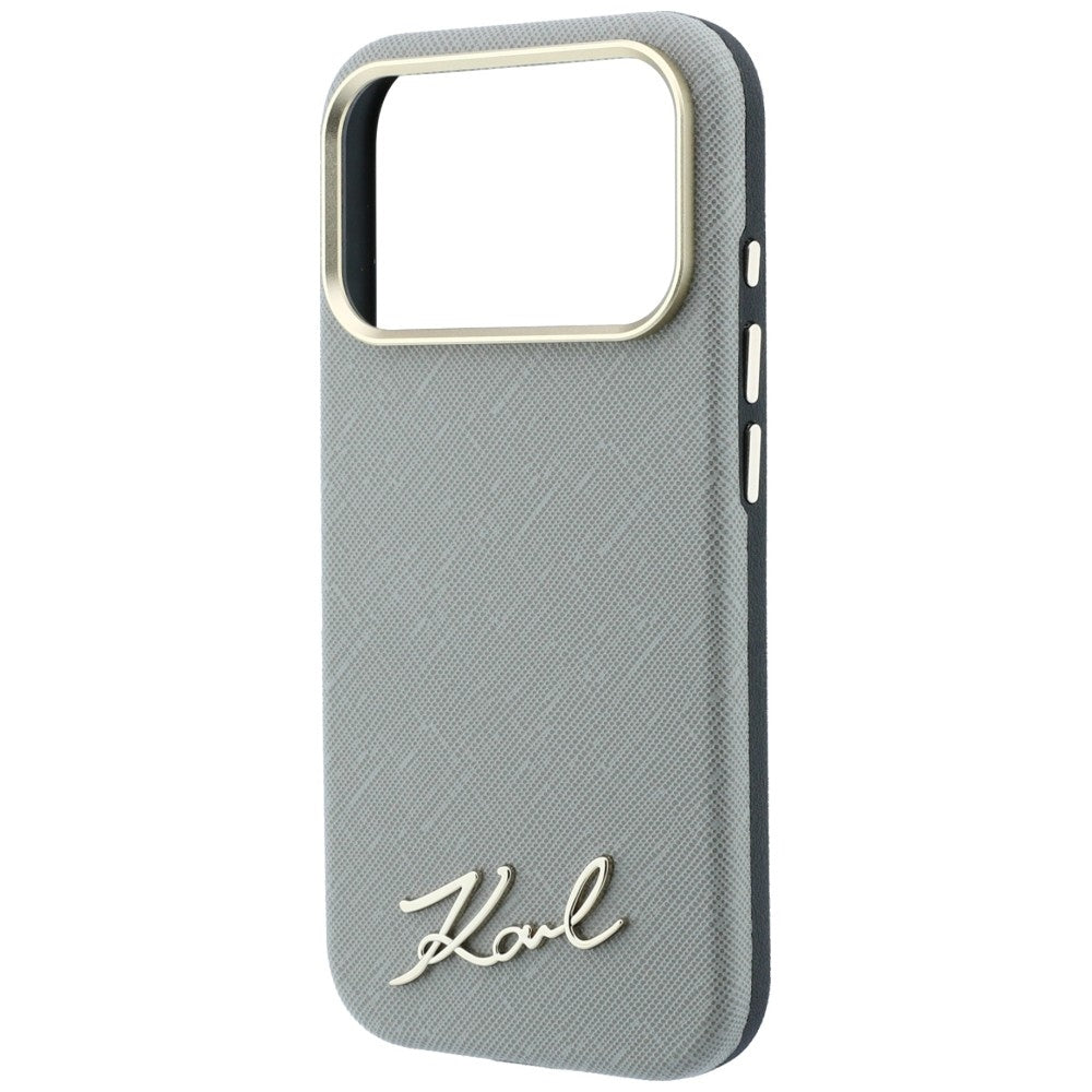 MagSafe-Hülle für Apple iPhone 18 Pro / 17 Pro, Karl Lagerfeld, Saffiano Small Script Metall-Logo, Grau Beige
