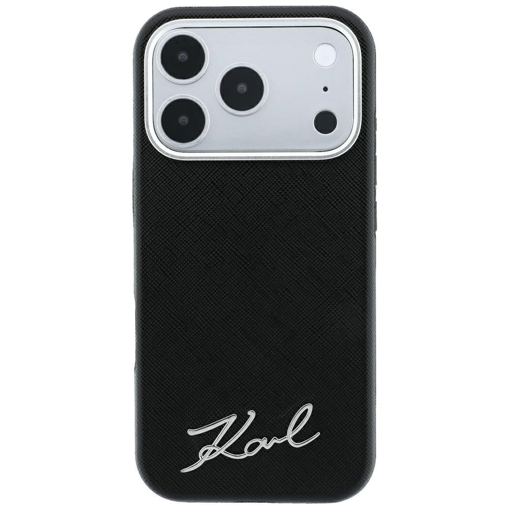 MagSafe-Hülle für Apple iPhone 18 Pro / 17 Pro, Karl Lagerfeld, Saffiano Small Script Metall-Logo, Schwarz