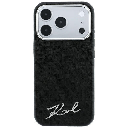 MagSafe-Hülle für Apple iPhone 18 Pro / 17 Pro, Karl Lagerfeld, Saffiano Small Script Metall-Logo, Schwarz