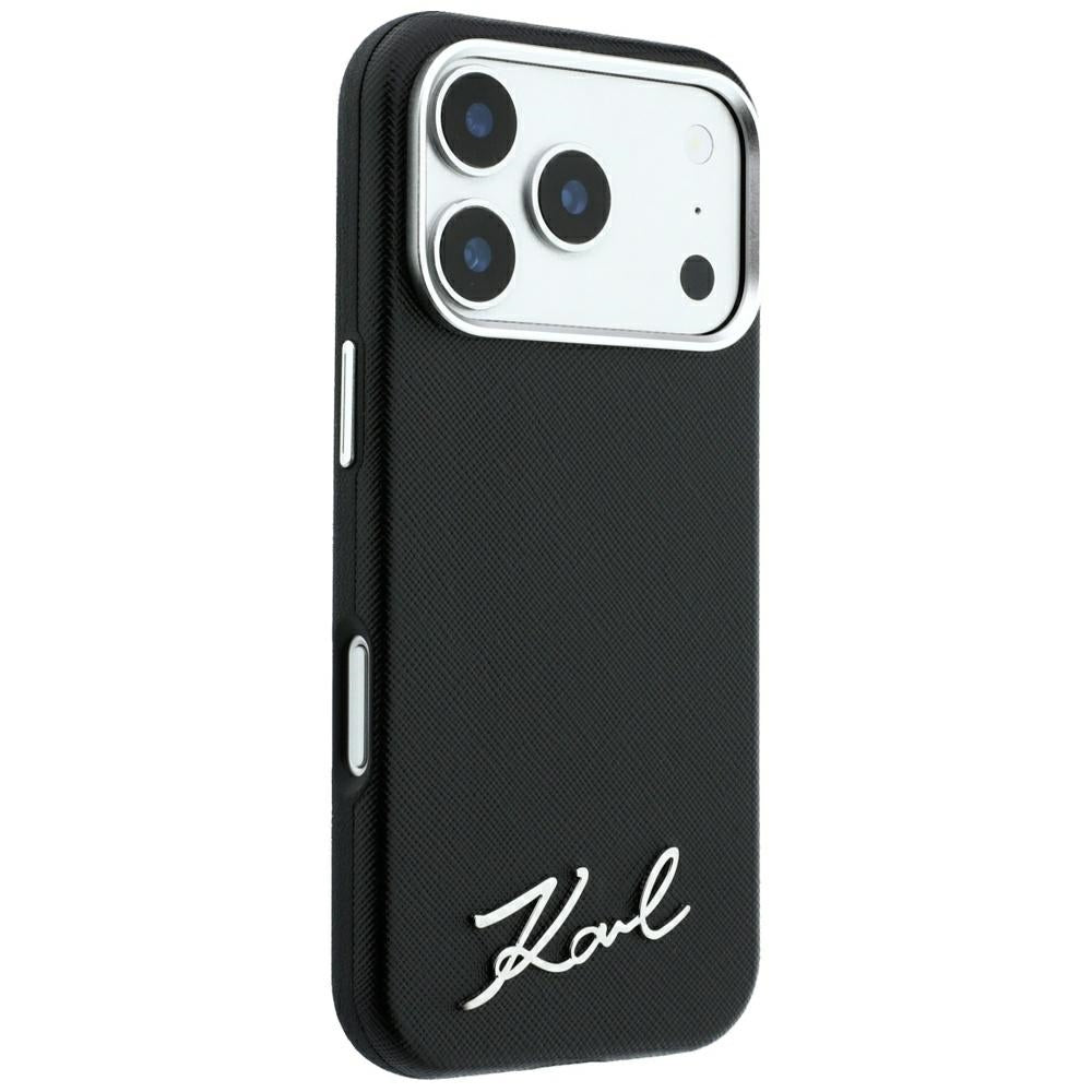 MagSafe-Hülle für Apple iPhone 18 Pro / 17 Pro, Karl Lagerfeld, Saffiano Small Script Metall-Logo, Schwarz